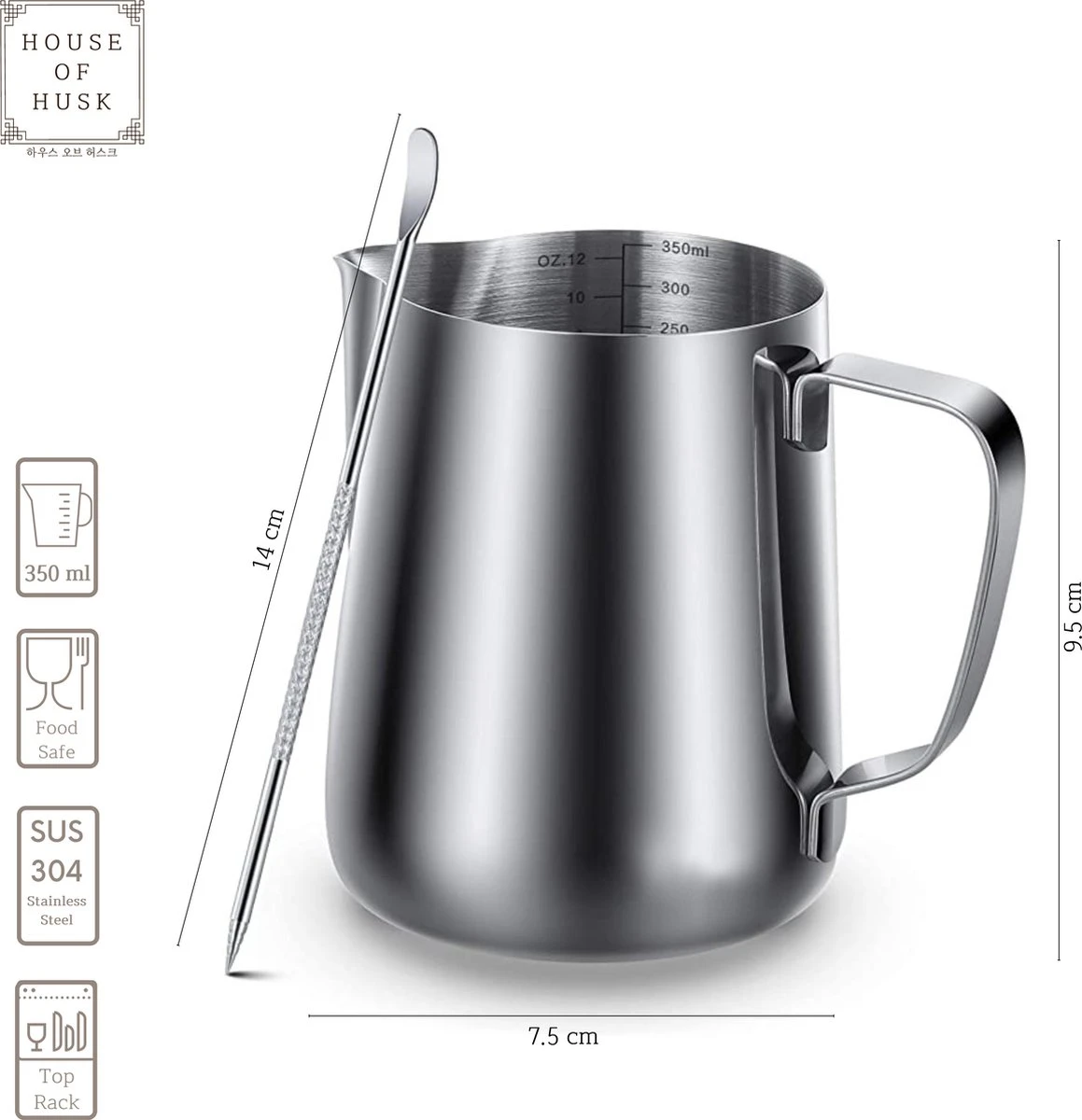 House Of Husk® Melkkan Met Art Pen - 350ml Melkopschuimkan - Zilver - Melkkannetje - Milk Pitcher - RVS - Barista Melkkan - Inclusief Latte Art Pen 4 House Of Husk® Melkkan Met Art Pen - 350ml Melkopschuimkan - Zilver - Melkkannetje - Milk Pitcher - RVS - Barista Melkkan - Inclusief Latte Art Pen - Afbeelding 2