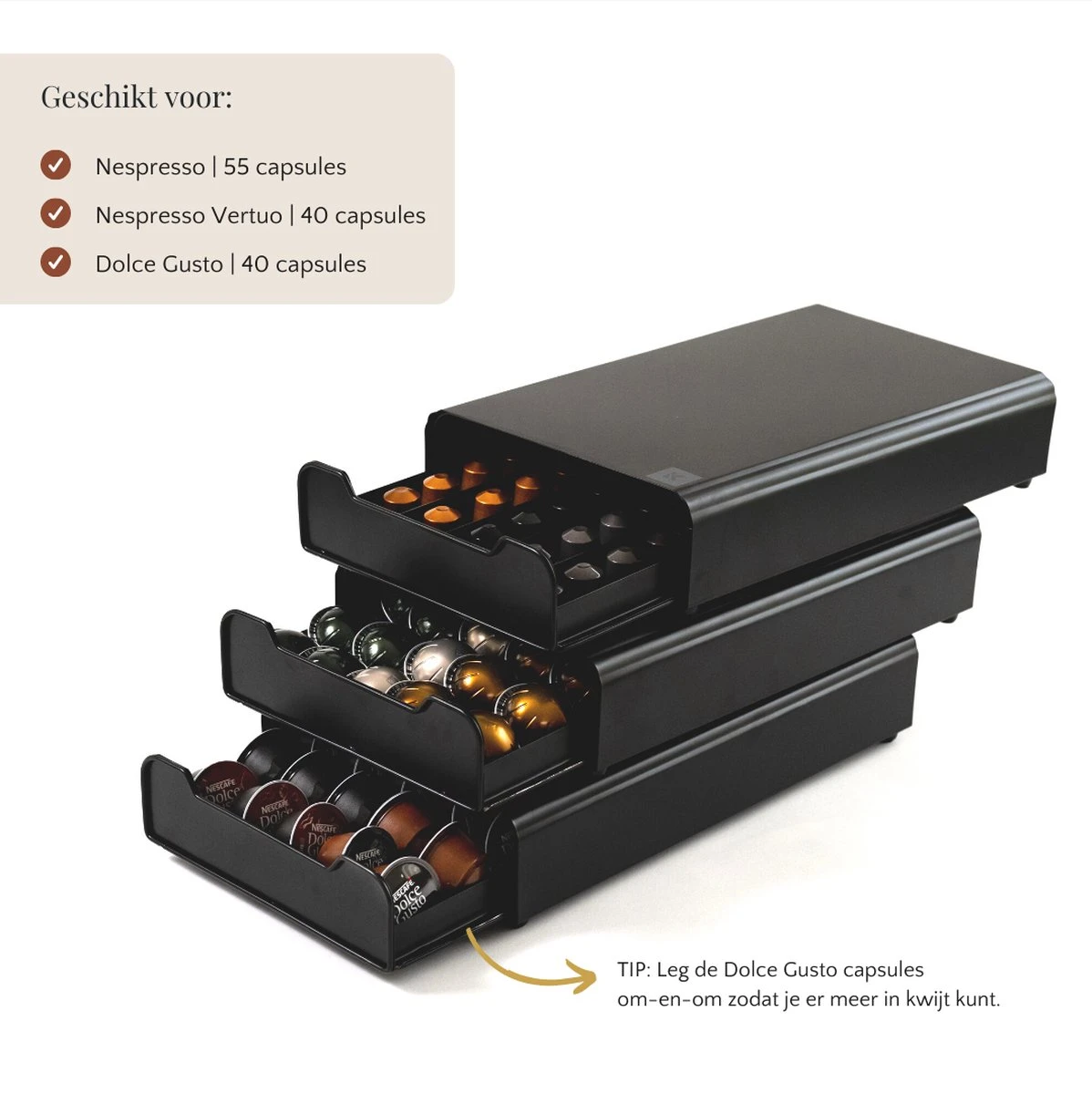 Kitchen Lab Co.® Capsule Houder Dolce Gusto, Nespresso En Nespresso Vertuo - Zwart - Max. 55 Capsules - Met Lade - Incl. Koffie Recepten E-boek 7 Kitchen Lab Co.® Capsule Houder Dolce Gusto, Nespresso En Nespresso Vertuo - Zwart - Max. 55 Capsules - Met Lade - Incl. Koffie Recepten E-boek - Afbeelding 5