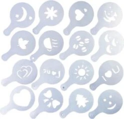 Merkloos Cappuccino Sjabloon - Herbruikbaar Barista Set - Cacao Sjablonen - 16 Stuks -Koffieverkoopwinkel 1200x1146