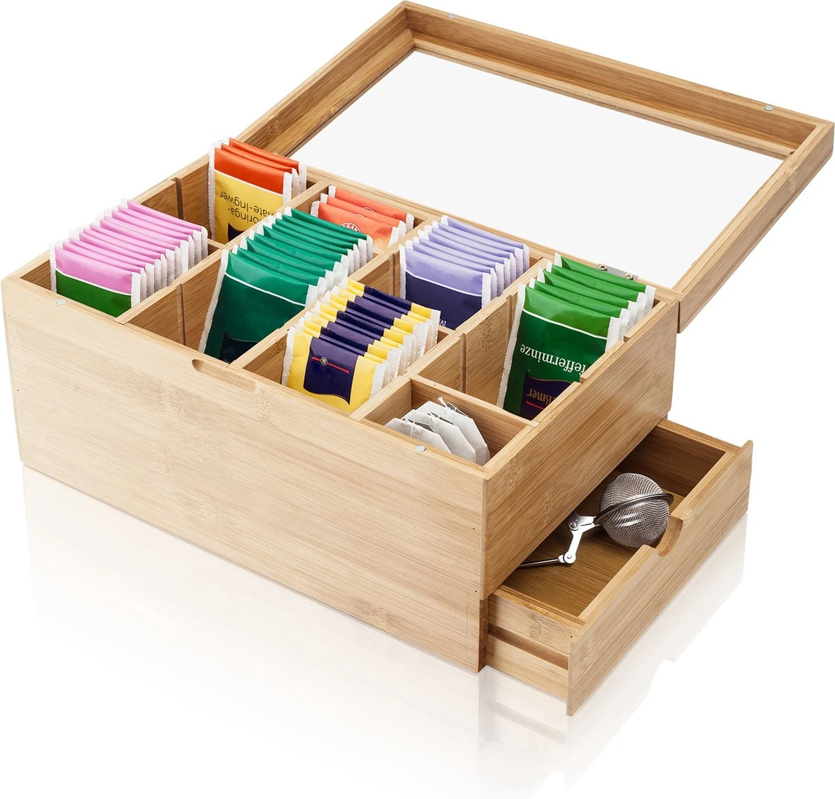 Amazy Theedoos Bamboe Extra Groot Met Lade En Theeplank - Thee Opslag Voor Theezakjes, Organizer Houten Doos Met Theekist, Theedozen Met 8 Verstelbare Verdelers, Opbergdoos 3 Amazy Theedoos Bamboe Extra Groot Met Lade En Theeplank - Thee Opslag Voor Theezakjes, Organizer Houten Doos Met Theekist, Theedozen Met 8 Verstelbare Verdelers, Opbergdoos