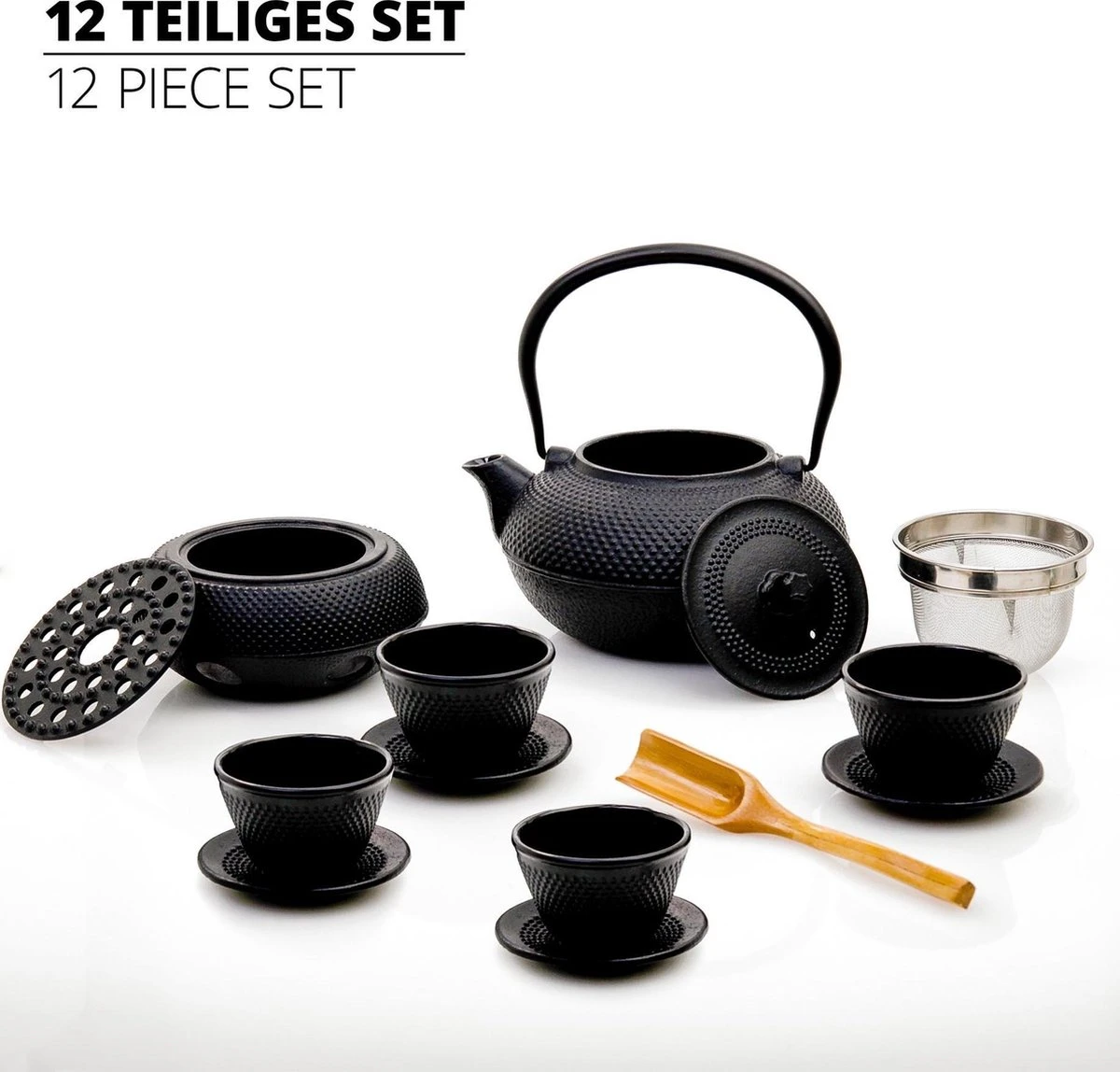 Lumaland - 12 Delig Theeservies - 1.4 L Gietijzeren Theepot - Theewarmer, Lepel, Zeef, 4 Kopjes En 4 Onderzetters 3 Lumaland - 12 Delig Theeservies - 1.4 L Gietijzeren Theepot - Theewarmer, Lepel, Zeef, 4 Kopjes En 4 Onderzetters