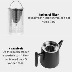 Castagnola Theepot Met Filter – Theekan – Theepot Dubbelwandig – Theepot Roestvrijstaal – Hoogwaardig RVS – 1 Liter – 5 Kopjes Thee – Zwart -Koffieverkoopwinkel 1200x1195 15