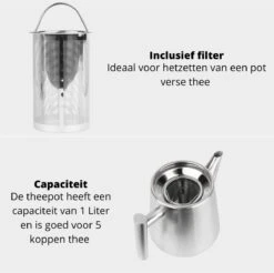 Castagnola Theepot Met Filter – Theekan – Theepot Dubbelwandig – Theepot Roestvrijstaal – Hoogwaardig RVS – 1 Liter – 5 Kopjes Thee – Zilver 13 Castagnola Theepot Met Filter – Theekan – Theepot Dubbelwandig – Theepot Roestvrijstaal – Hoogwaardig RVS – 1 Liter – 5 Kopjes Thee – Zilver -Koffieverkoopwinkel 1200x1195 6