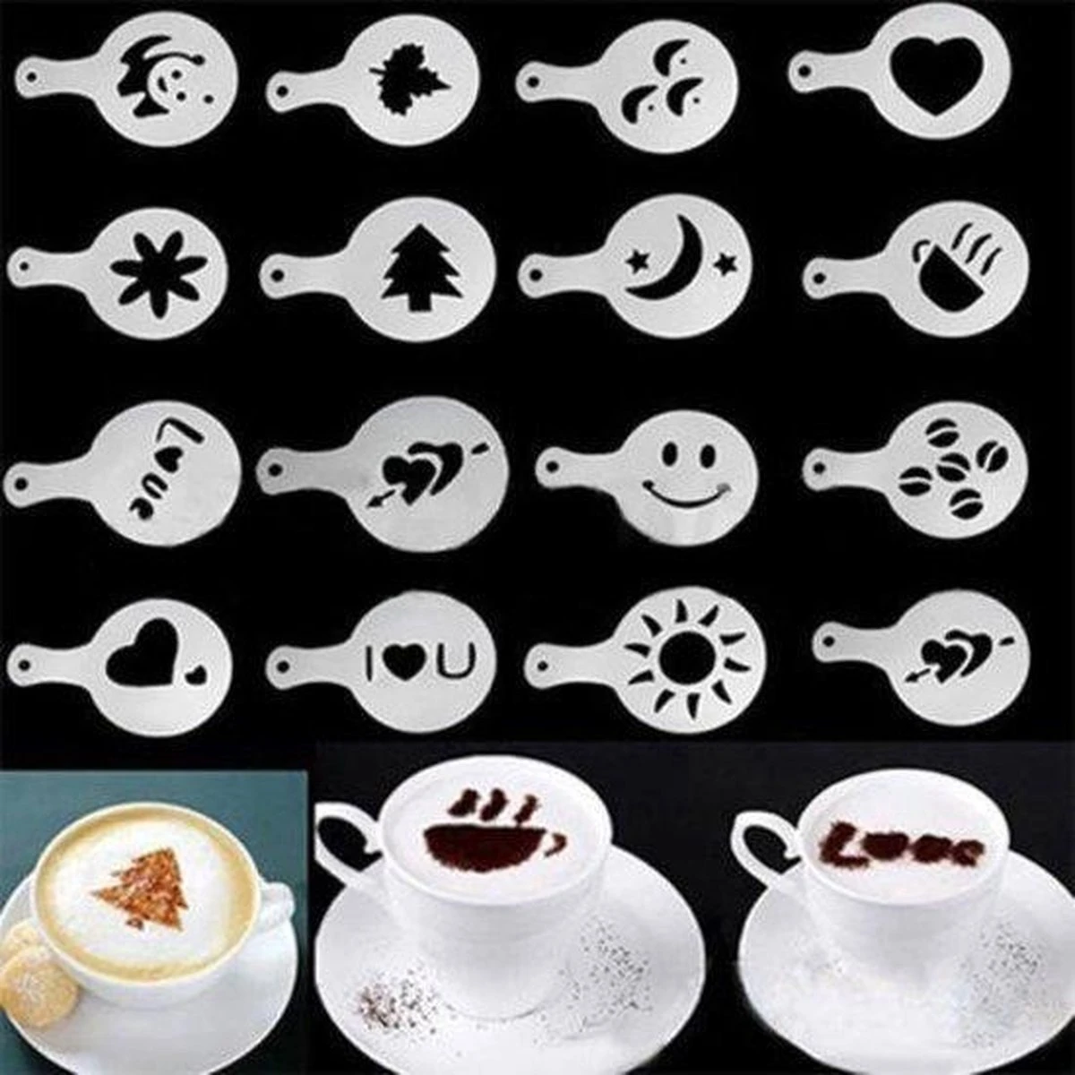 16-Delige Barista Tools - Latte Art Set - Koffie / Cappuccino / Cacao Sjablonen 3 16-Delige Barista Tools - Latte Art Set - Koffie / Cappuccino / Cacao Sjablonen