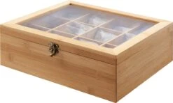 Koffieverkoopwinkel 49 ACAZA Theedoos Voor Thee Zakjes - Theeopbergdoos Met Transparant Deksel - 12 Vakken - Bamboe Hout