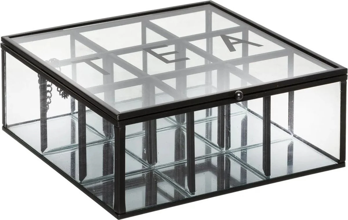 Theedoos/theekist Industrieel Zwart 9-vaks 18,5 X 17,5 Cm Van Glas/metaal - Theezakjes Doos/kist 3 Theedoos/theekist Industrieel Zwart 9-vaks 18,5 X 17,5 Cm Van Glas/metaal - Theezakjes Doos/kist