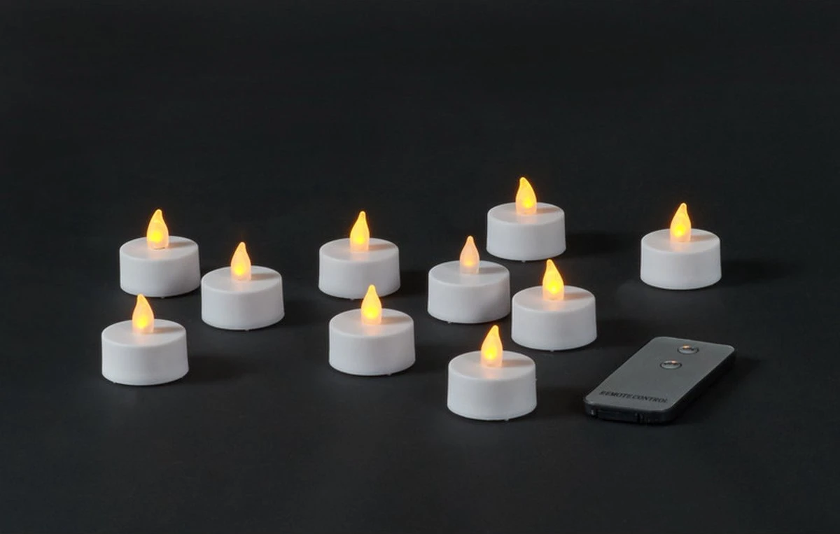 LED Theelichtjes/waxinelichtjes/kaarsjes Geel Vlameffect Met Afstandsbediening 10 Stuks - Kunststof Waxinelichtjes 4 LED Theelichtjes/waxinelichtjes/kaarsjes Geel Vlameffect Met Afstandsbediening 10 Stuks - Kunststof Waxinelichtjes - Afbeelding 2