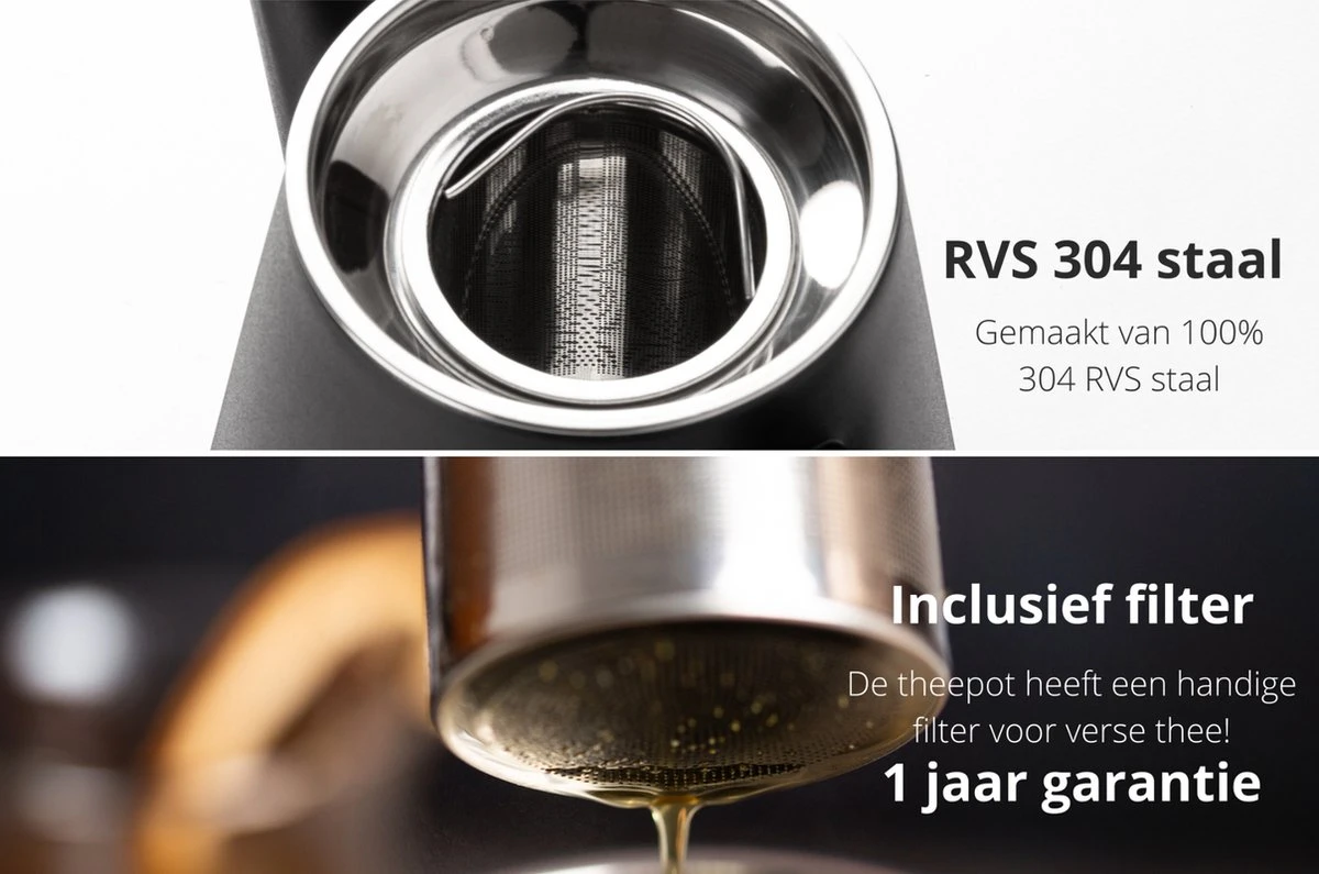 VDN RVS Theepot Dubbelwandig Met Filter - Zwarte Theekan 1 Liter - 902 7 VDN RVS Theepot Dubbelwandig Met Filter - Zwarte Theekan 1 Liter - 902 - Afbeelding 5