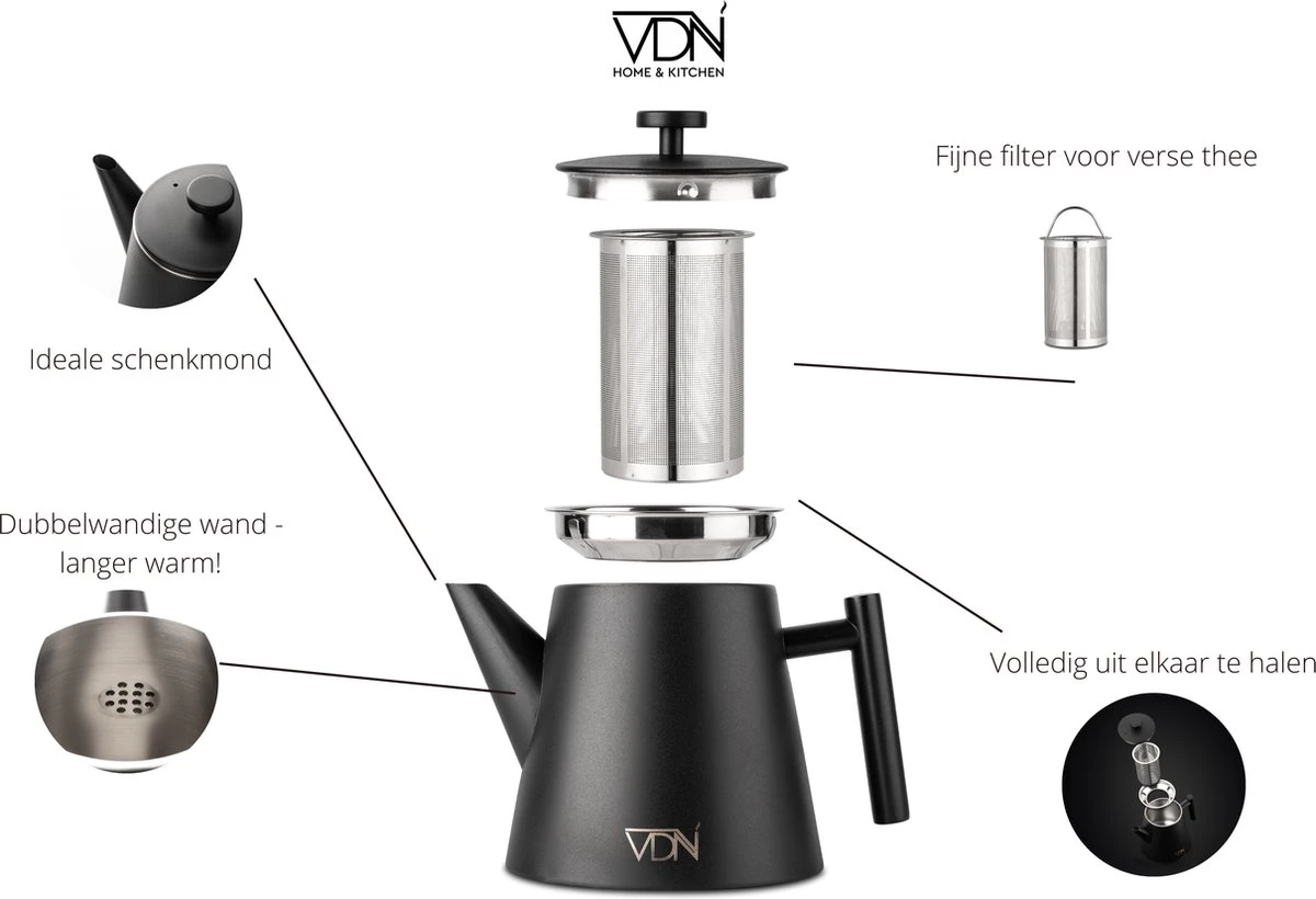 VDN RVS Theepot Dubbelwandig Met Filter - Zwarte Theekan 1 Liter - 902 8 VDN RVS Theepot Dubbelwandig Met Filter - Zwarte Theekan 1 Liter - 902 - Afbeelding 6