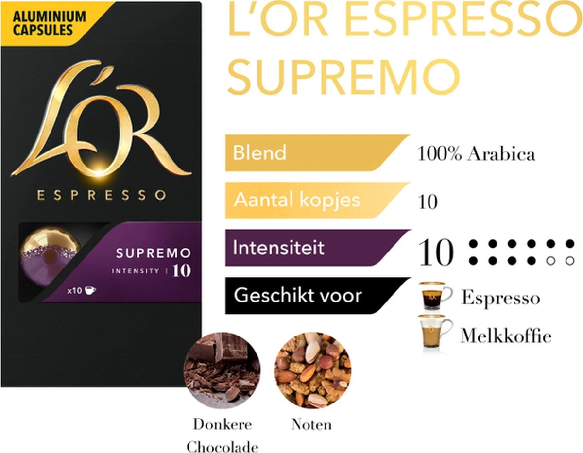 L'OR Espresso Supremo Koffiecups - Intensiteit 10/12 - 10 X 10 Capsules 9 L'OR Espresso Supremo Koffiecups - Intensiteit 10/12 - 10 X 10 Capsules - Afbeelding 7