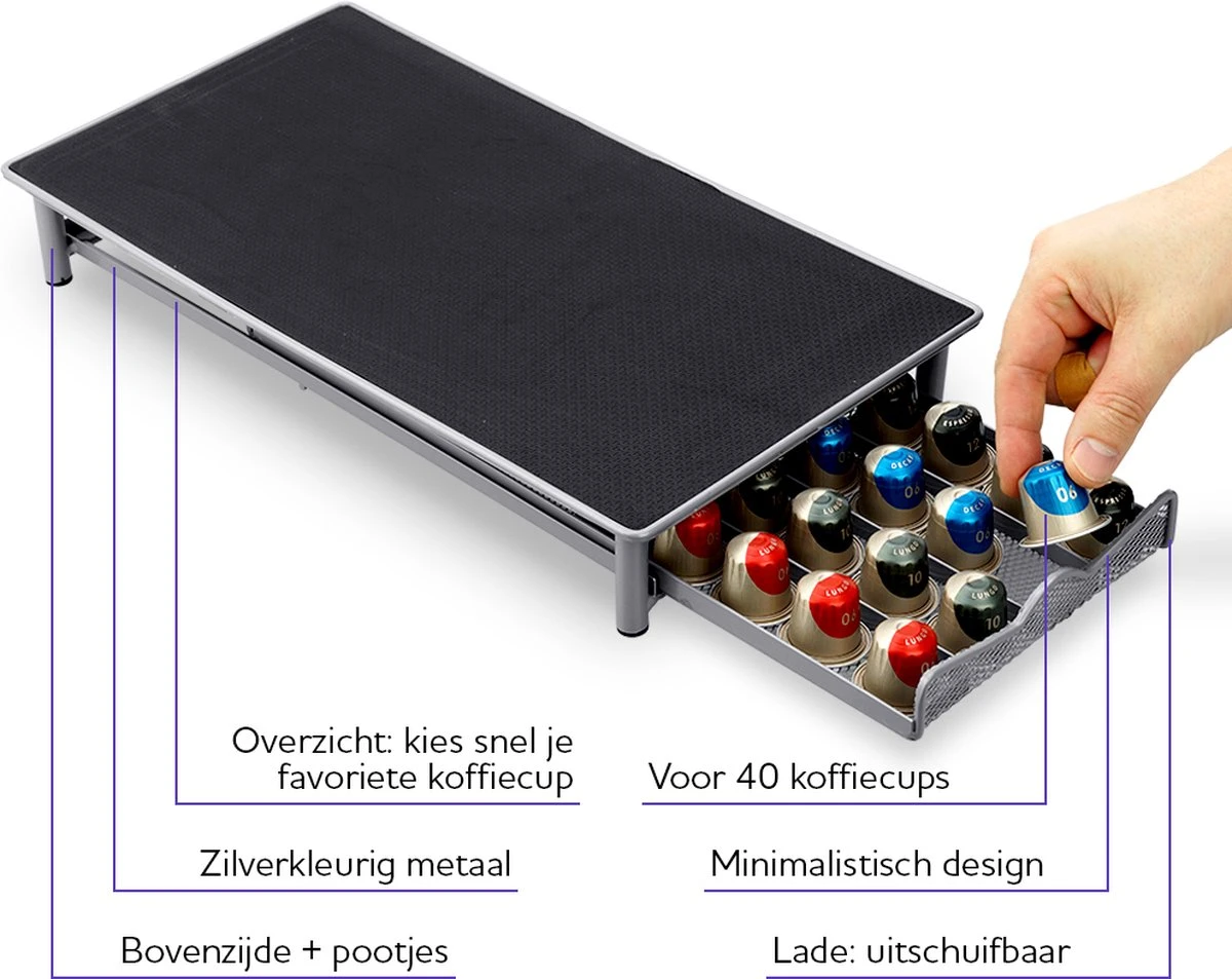 Capsulehouder Met Lade - Geschikt Voor Nespresso Koffiecups - 40 Capsules - Plateau Voor Koffiecupmachine – Zilver/grijs 6 Capsulehouder Met Lade - Geschikt Voor Nespresso Koffiecups - 40 Capsules - Plateau Voor Koffiecupmachine – Zilver/grijs - Afbeelding 4