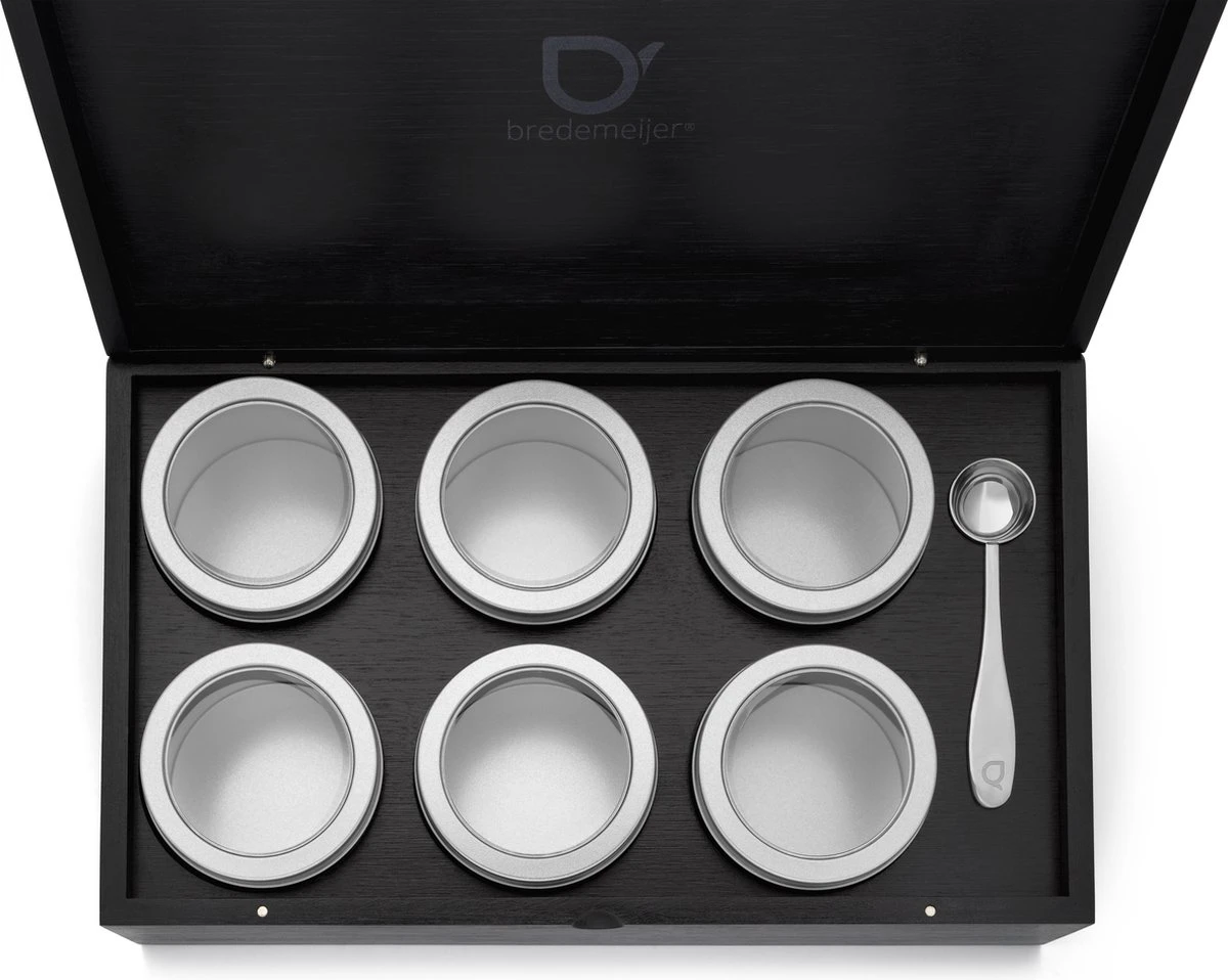 Bredemeijer - Theedoos Zwart Met 6 Blikjes En Maatlepel 4 Bredemeijer - Theedoos Zwart Met 6 Blikjes En Maatlepel - Afbeelding 2