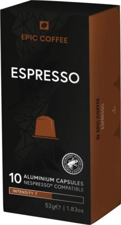 Koffieverkoopwinkel 31 100 Capsules Epic Coffee - Espresso - Nespresso® Compatible Aluminium Capsules - RFA Keurmerk - Doos 100 Stuks