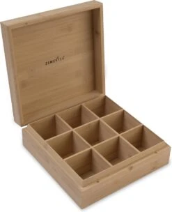 Theedoos Van ZENZYTEA® - Bamboe - Theedoos 9 Vaks - Inclusief 3 Theeblikken Voor Losse Thee - Geschikt Voor Grote & Kleine Theezakjes - Vierkant - Grote Vakken - Luxe Verpakking - Cadeau -Koffieverkoopwinkel 975x1200